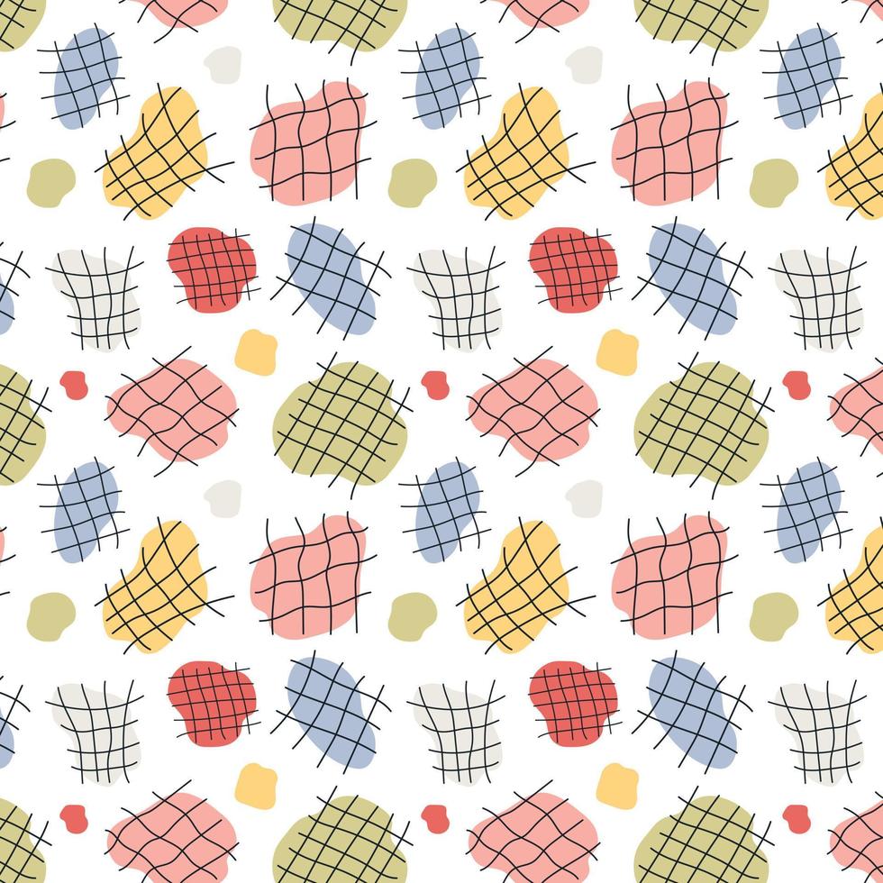 Abstract seamless pattern of multicolored spots, lines. Grid, cage, colored geometric shapes of various shapes. Prints for fabrics, textiles, paper, wallpaper, clothing. Vector illustration