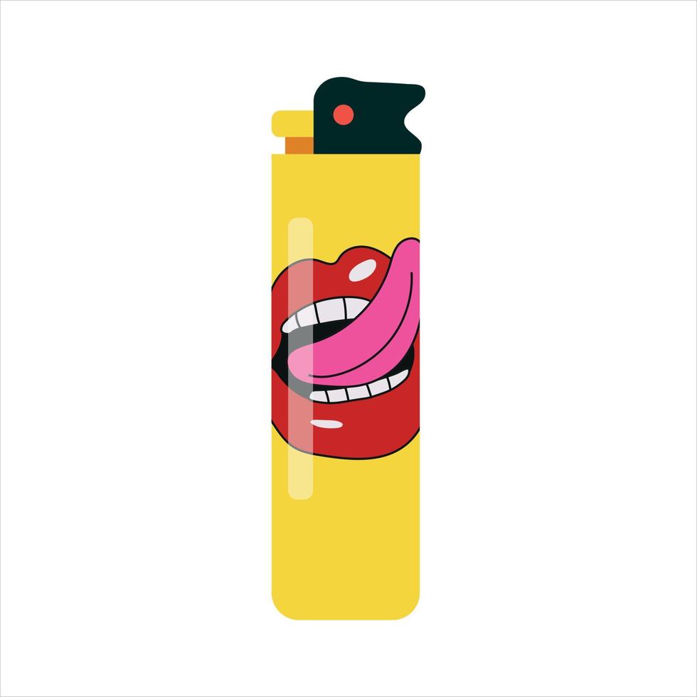 Bright yellow lighter with sexy lips and tongue print. Vector illustration