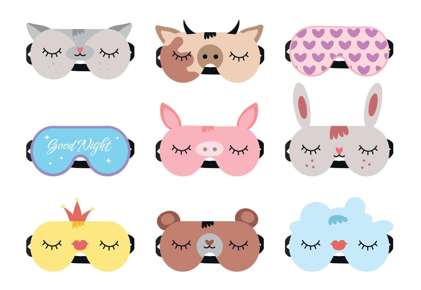 dormir máscaras noche máscara con linda ojos, dormir citas, cerdo, oso y gato caras. dibujos animados animal máscara para pijama impresión vector colocar. elementos de ropa de dormir para descanso y relajación