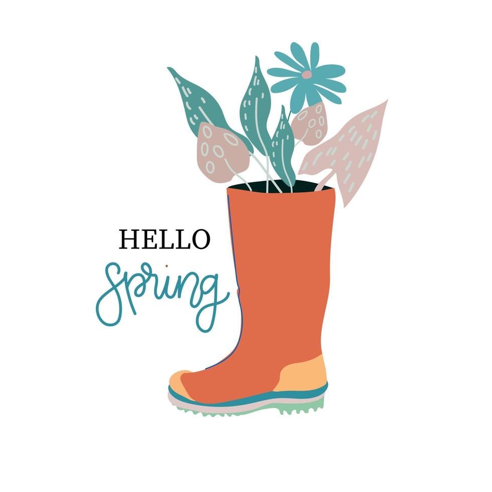 Hello Spring. Rubber boots with bouquets. Hand drawn spring print, postcard, poster. handwritten inscriptions vector