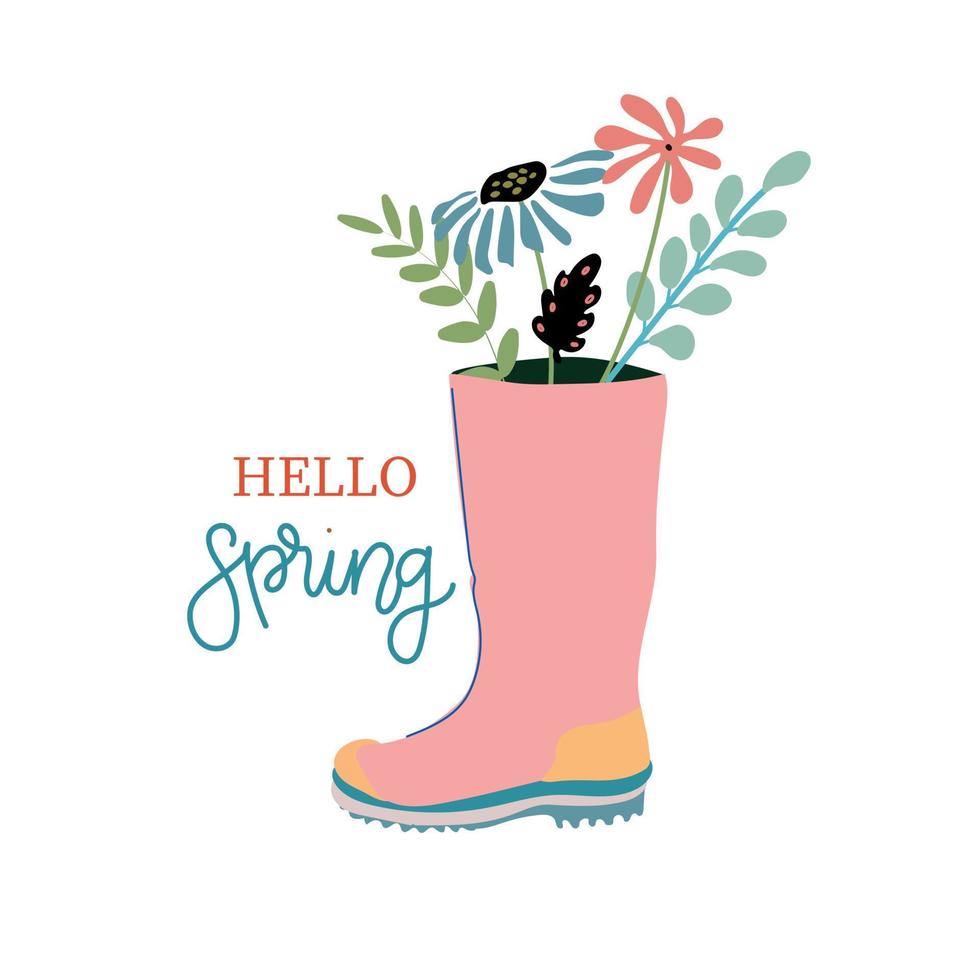 Hello Spring. Rubber boots with bouquets. Hand drawn spring print, postcard, poster. handwritten inscriptions vector