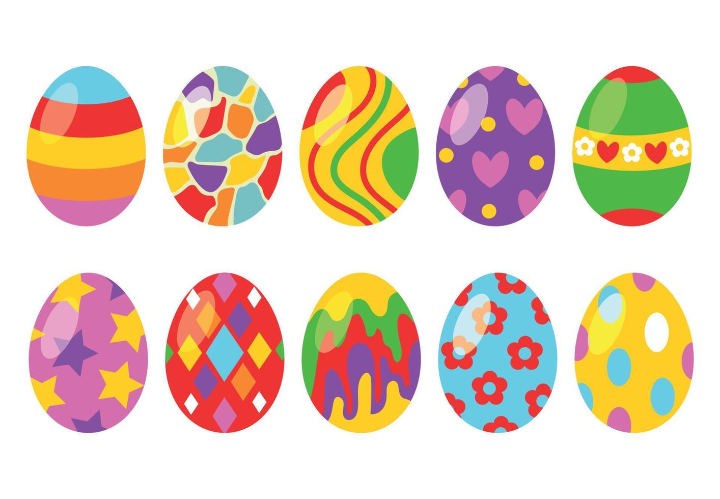 Colorful set of colored Easter eggs with a pattern. Design elements for holiday cards. Easter collection with different texture. Cartoon flat style vector illustration