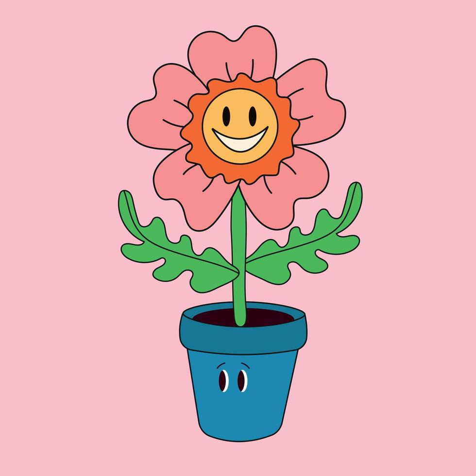 Flower pot. Abstract cartoon character with a face. Hand drawn vector illustration. Botanical pot, cute home indoor plants. isolated elements