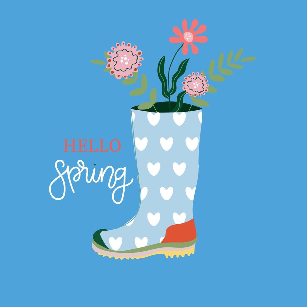 Hola primavera. caucho botas con ramos de flores mano dibujado primavera imprimir, tarjeta postal, póster. escrito inscripciones vector