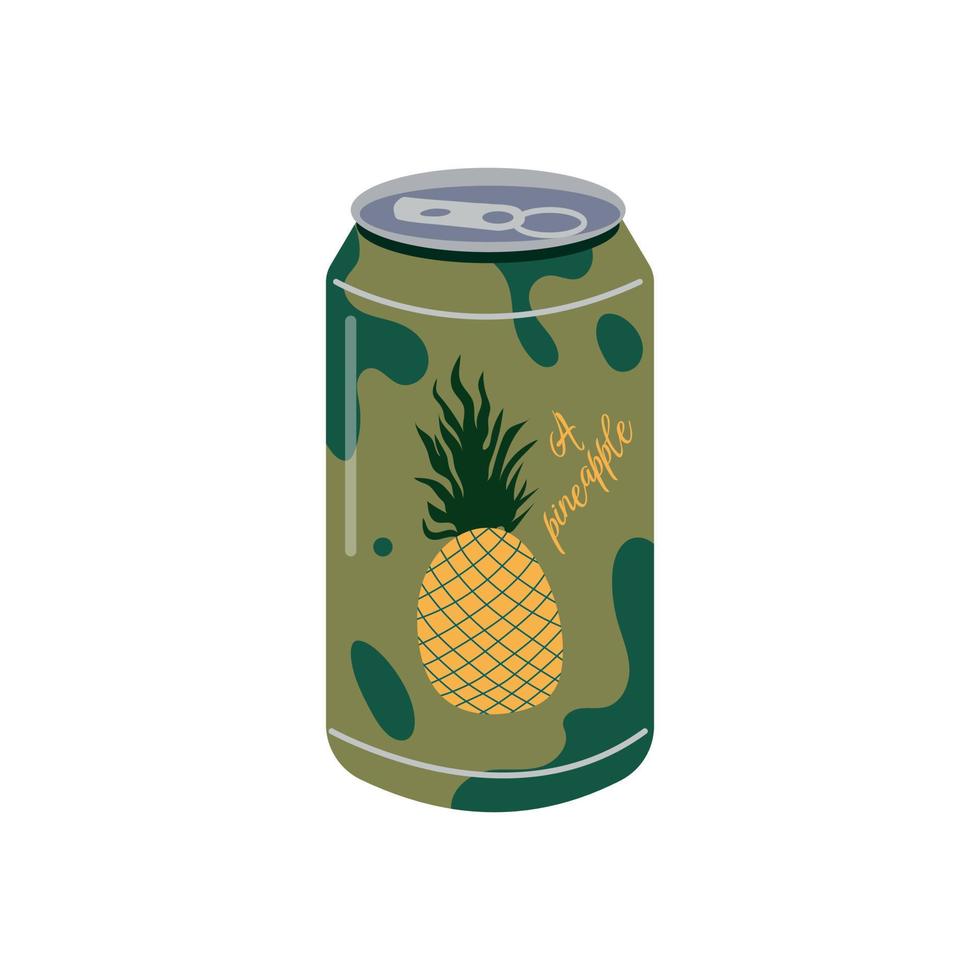 Soft drink. Vector illustration of aluminum can of soda drink with juicy pineapple and colorful label