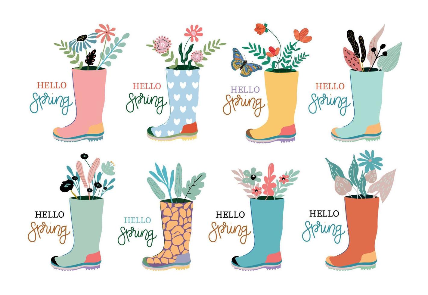 Hola primavera. caucho botas con ramos de flores mano dibujado primavera imprimir, tarjeta postal, póster. escrito inscripciones vector