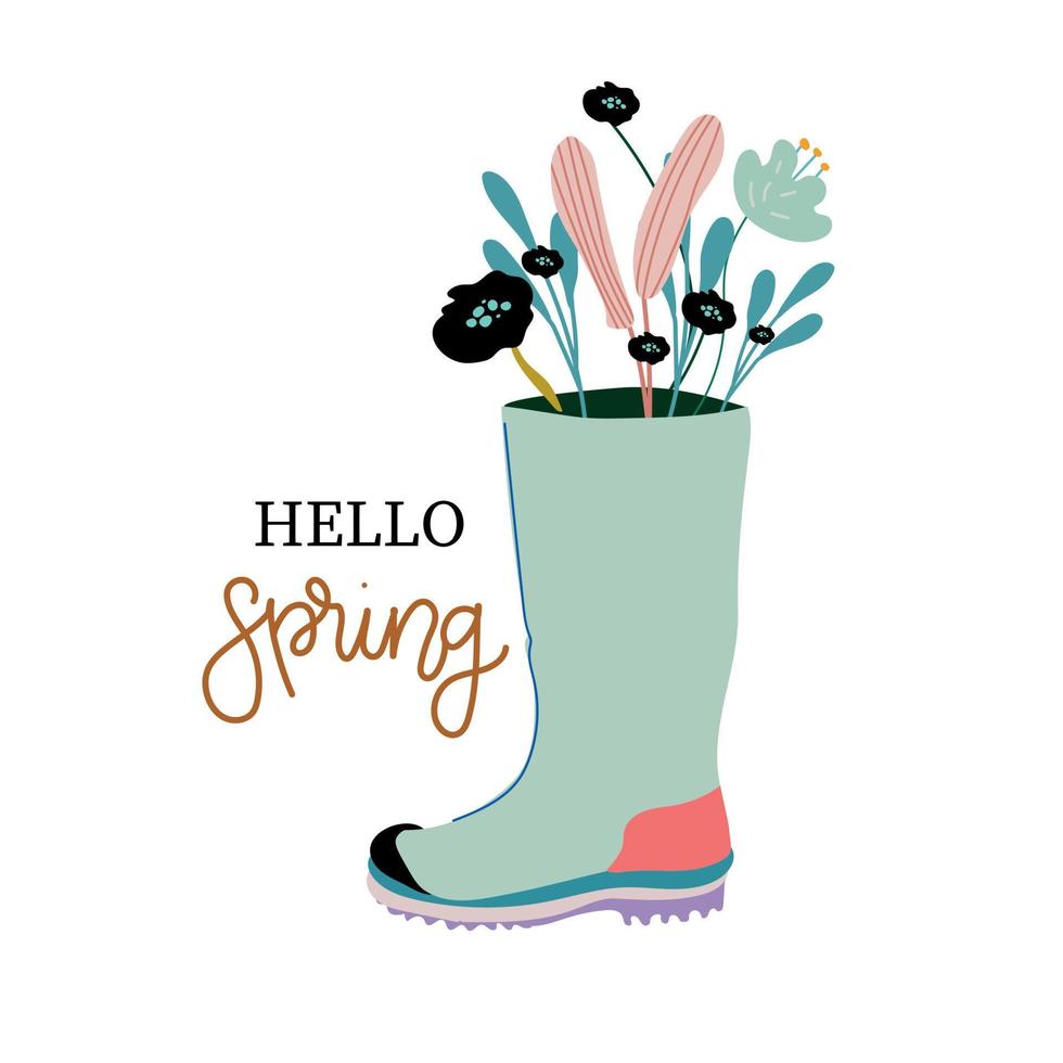 Hello Spring. Rubber boots with bouquets. Hand drawn spring print, postcard, poster. handwritten inscriptions vector