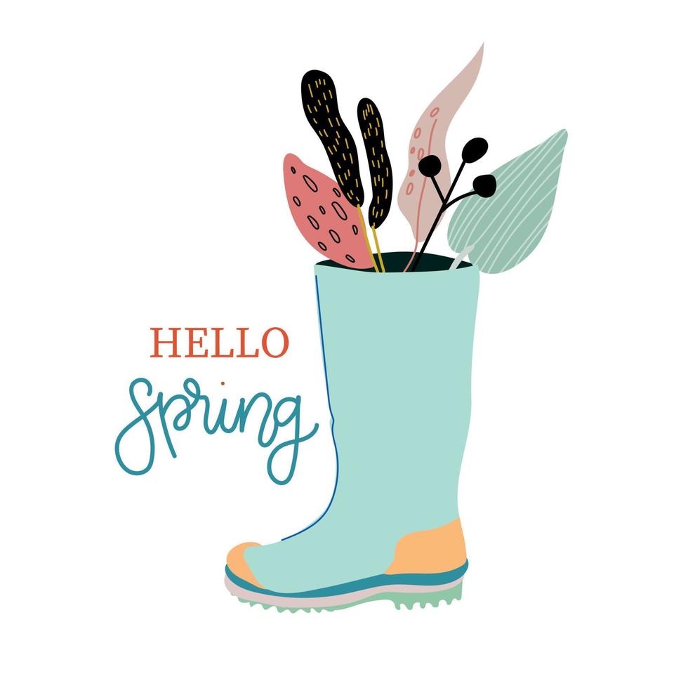 Hello Spring. Rubber boots with bouquets. Hand drawn spring print, postcard, poster. handwritten inscriptions vector