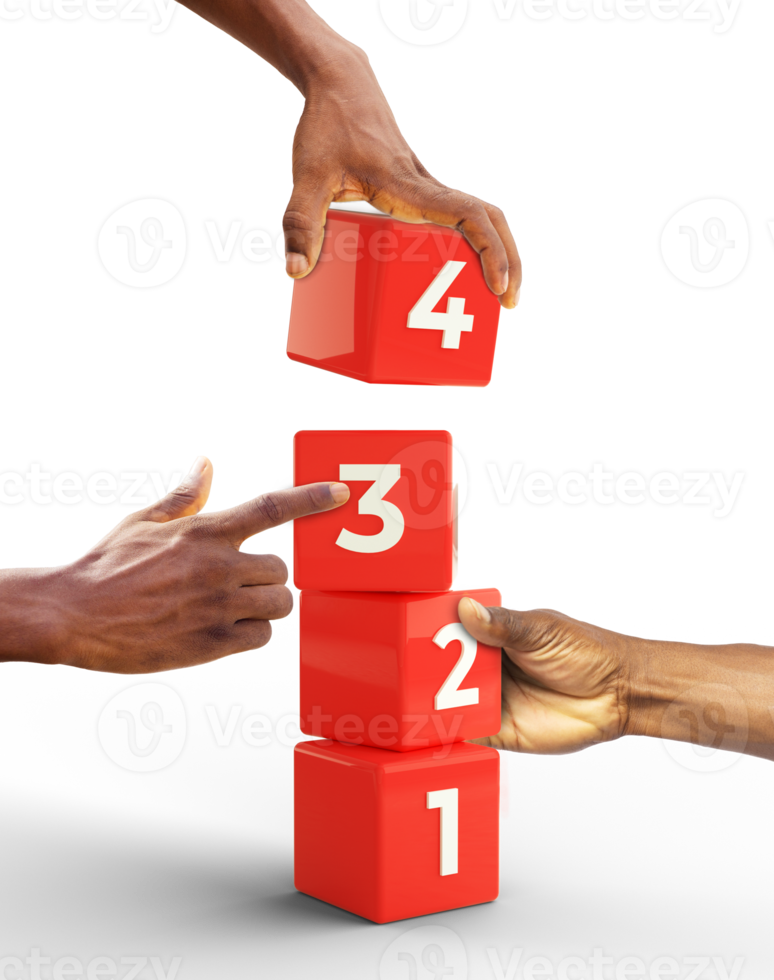 Different hands in a building blocks game. isolated on transparent png background