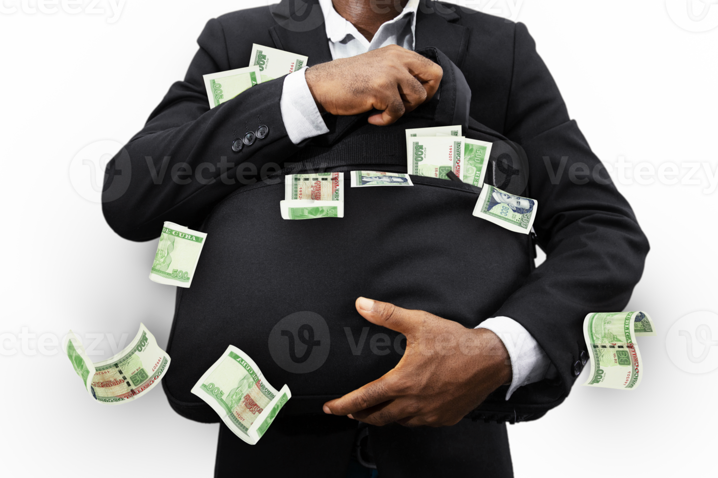 Black Businessman holding black bag full of Cuban Peso notes isolated on transparent background, money falling from bag png