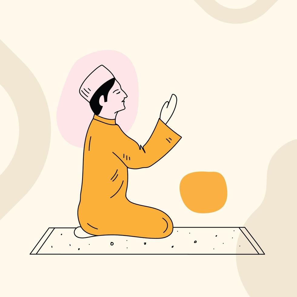 An illustration of a man praying salat line art drawing for Ramadan Kareem on a colorful background. vector