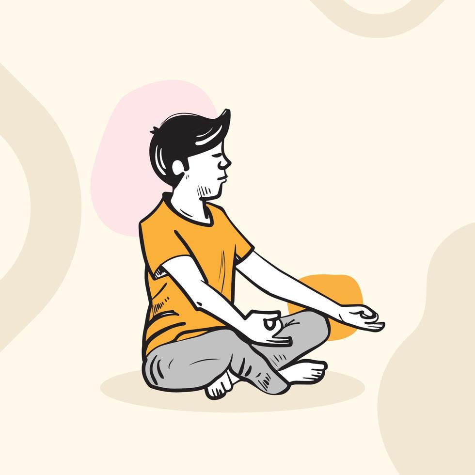 A man sits in a yoga pose vector character illustration for meditation, practice, inner harmony, balance mind, body, soul.