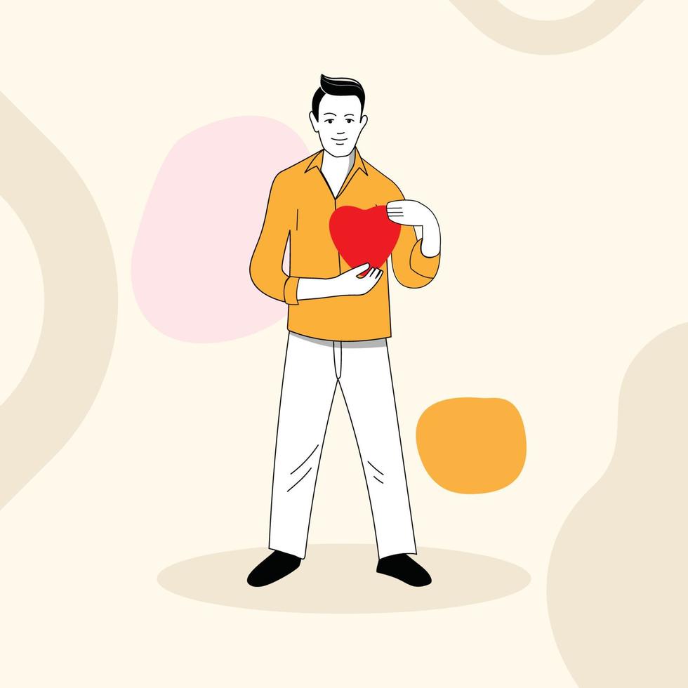 A man holding a heart in his hands vector character illustration for medical heart day and valentines day.