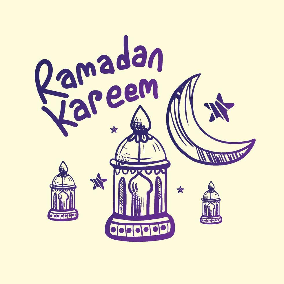 A drawing of a lantern, moon and the words Ramadan Kareem Islamic Background elements to greeting Ramadan Mubarak. vector