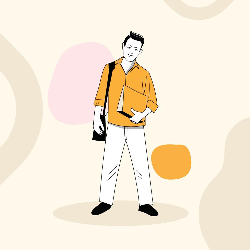 un medio clase empresario vector personaje ilustración con un bolso en su hombro soportes en frente de un vistoso antecedentes.