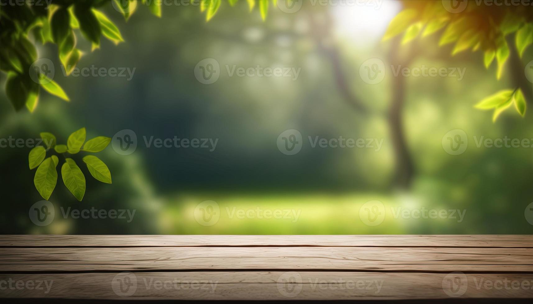 Wooden table and blurred green nature bokeh background for product.Tabletop photography Images of various objects, such as books, plants, or stationery, arranged on a wooden tabletop photo