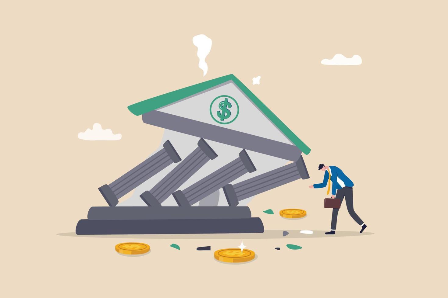 Banking collapse or bank run, financial crisis or bankruptcy problem, stock market crash or credit risk, failure or investment failure concept, frustrated businessman look at collapsing bank building. vector