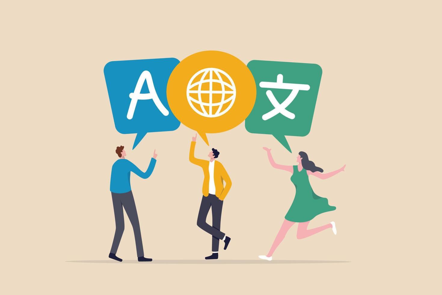 Language learning, translation or international communication, global or multilingual education, foreign diversity concept, young adult people talking with foreign international language symbol. vector