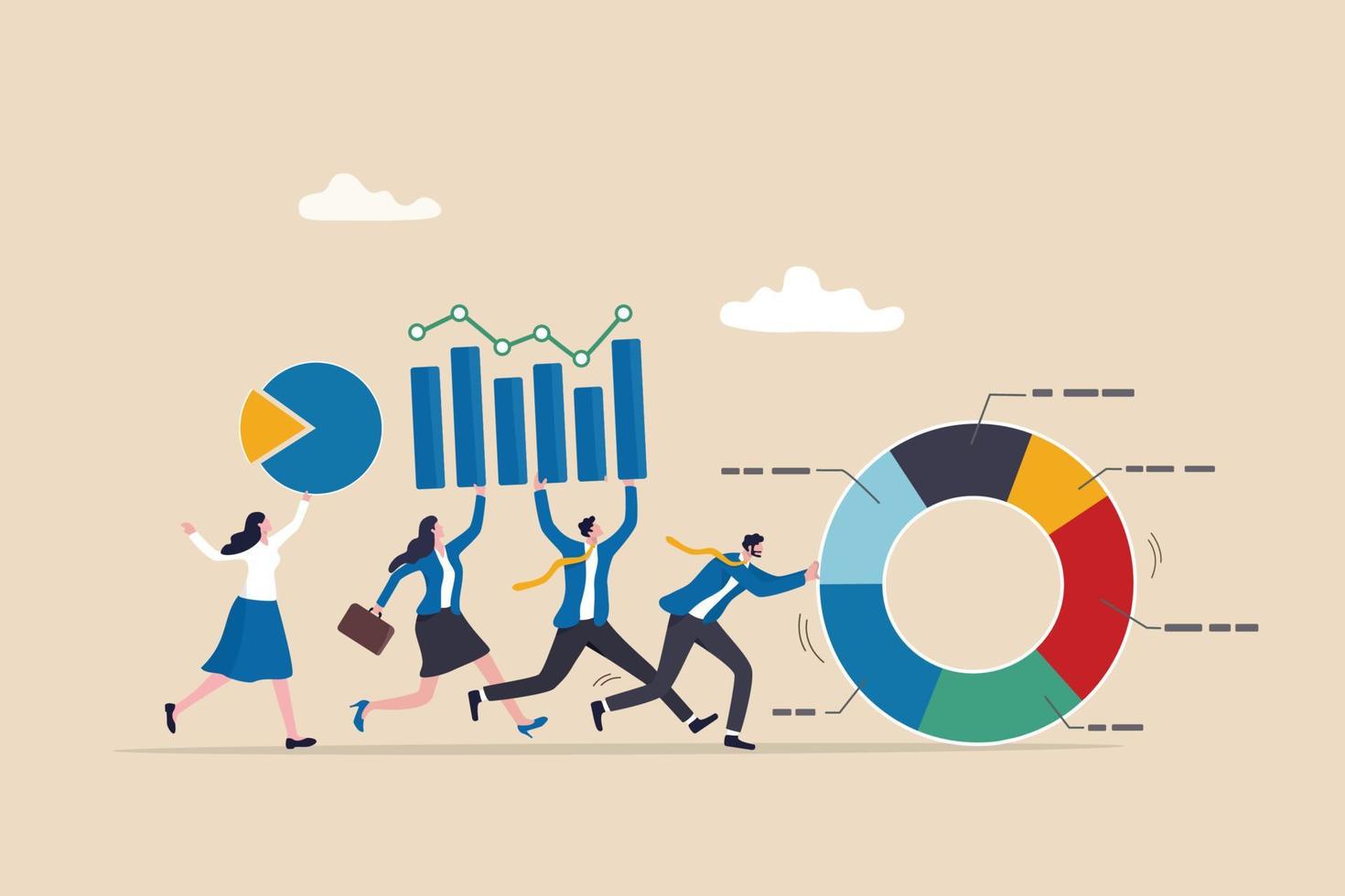 datos impulsado o datos análisis, gráfico y grafico informe, analítica, investigación y mejoramiento, grande datos o inteligencia información, visión concepto, negocio personas que lleva bar grafico y tarta cuadro. vector