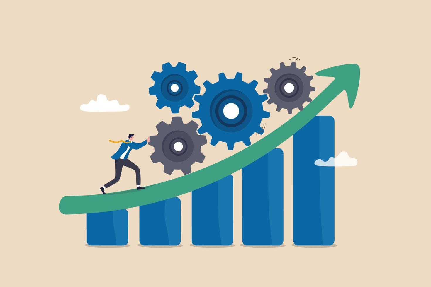 Process improvement, efficiency to increase productivity, management strategy, raising performance, quality or progress concept, businessman pushing cogwheels up on rising improvement graph diagram. vector