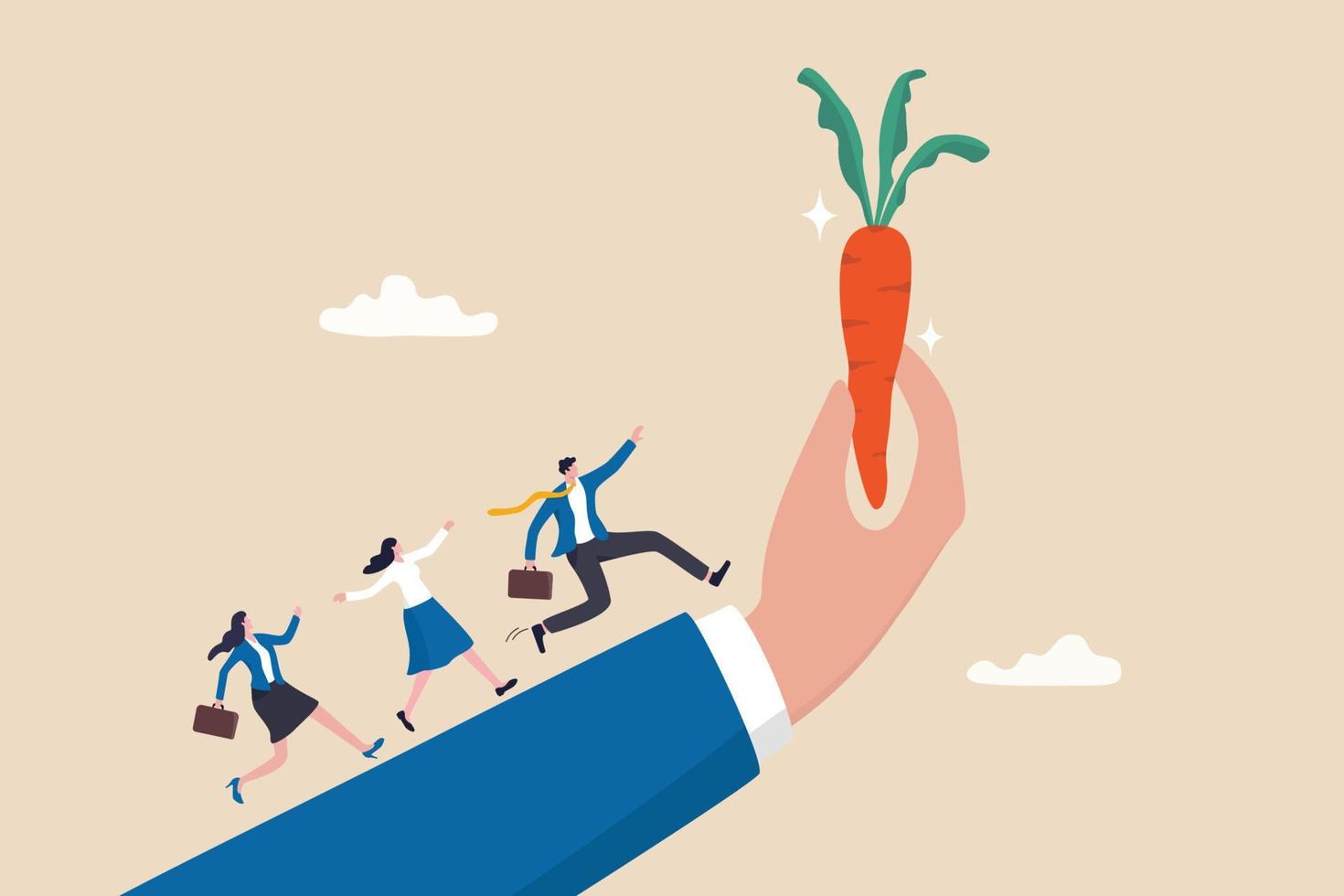 Incentive, reward or bonus to motivate employee on hard working to reach success, company benefit, job promotion or employee program concept, business people run on giant hand to grab carrot stick. vector