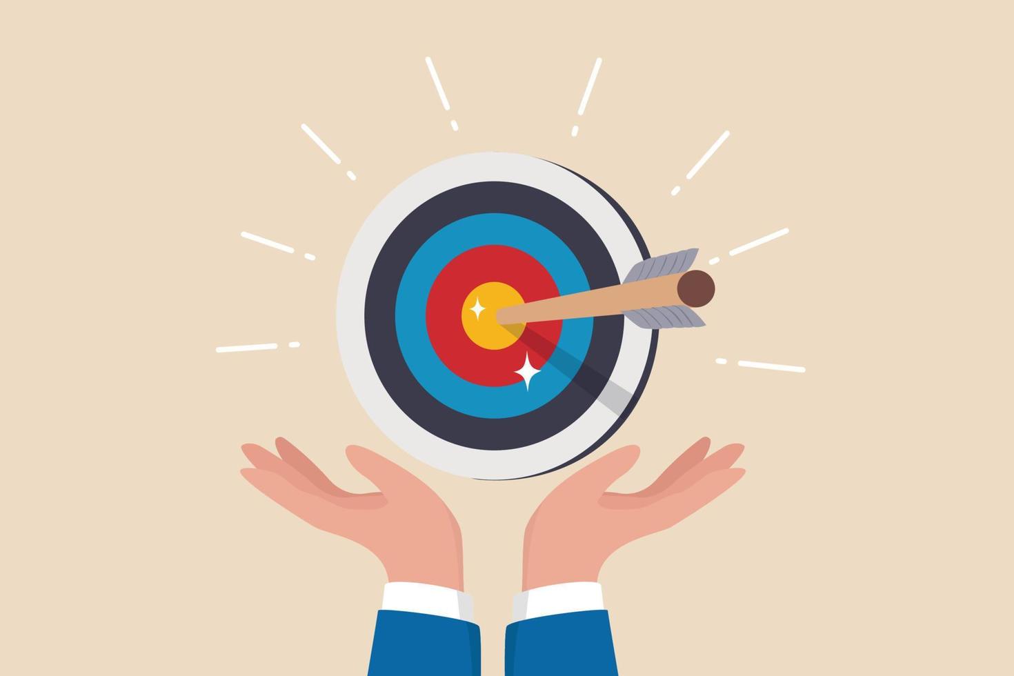 Goal or target, focus and concentration to achieve success, purpose or objective, aiming at target bullseye, accuracy, challenge and aspiration, businessman hand hold target with arrow hit bullseye. vector