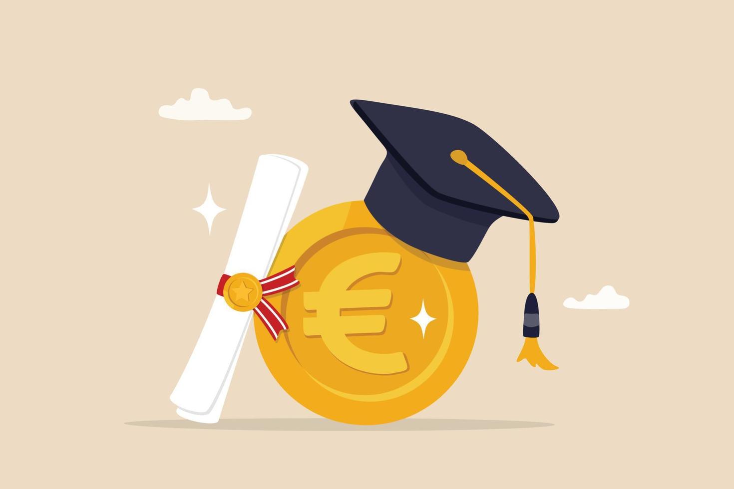 educación costo, matrícula o beca, dinero para Universidad o graduación, colegio gastos o estudiante deuda, Universidad diploma concepto, euro dinero moneda con birrete graduación gorra y certificado. vector