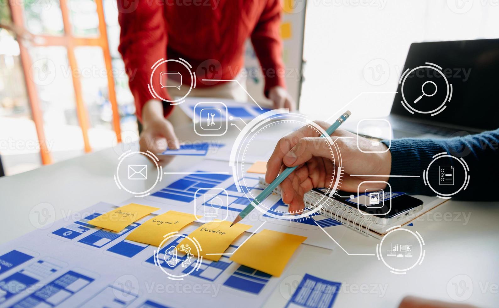 UX graphic designer planning application process development prototype wireframe for web smart phone. Creative digital development agency. photo