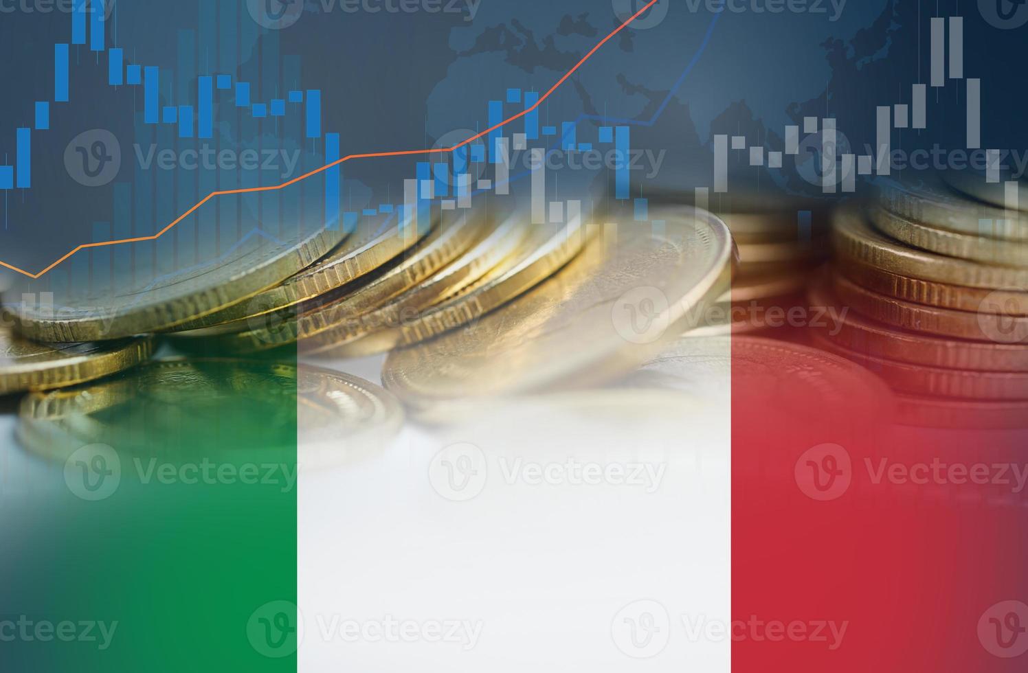 Stock market investment trading financial, coin and Italy flag in Europe or Forex for analyze profit finance business trend data background. photo