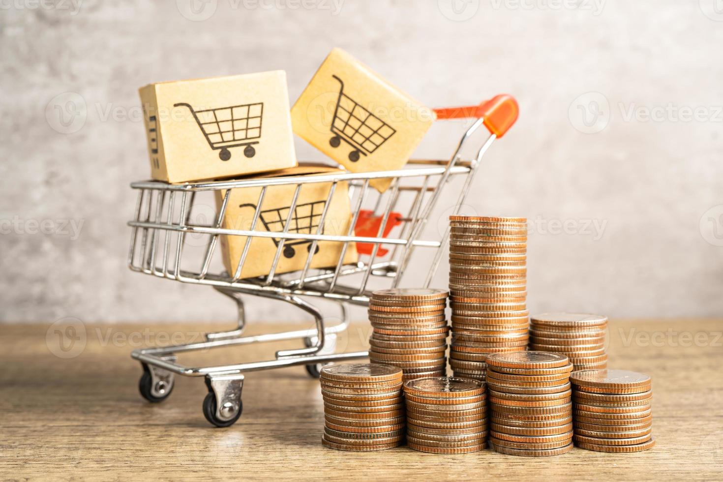 Shopping cart logo on box with stack of coins. Banking Account, Investment economy, trading, Business import export online company concept. photo