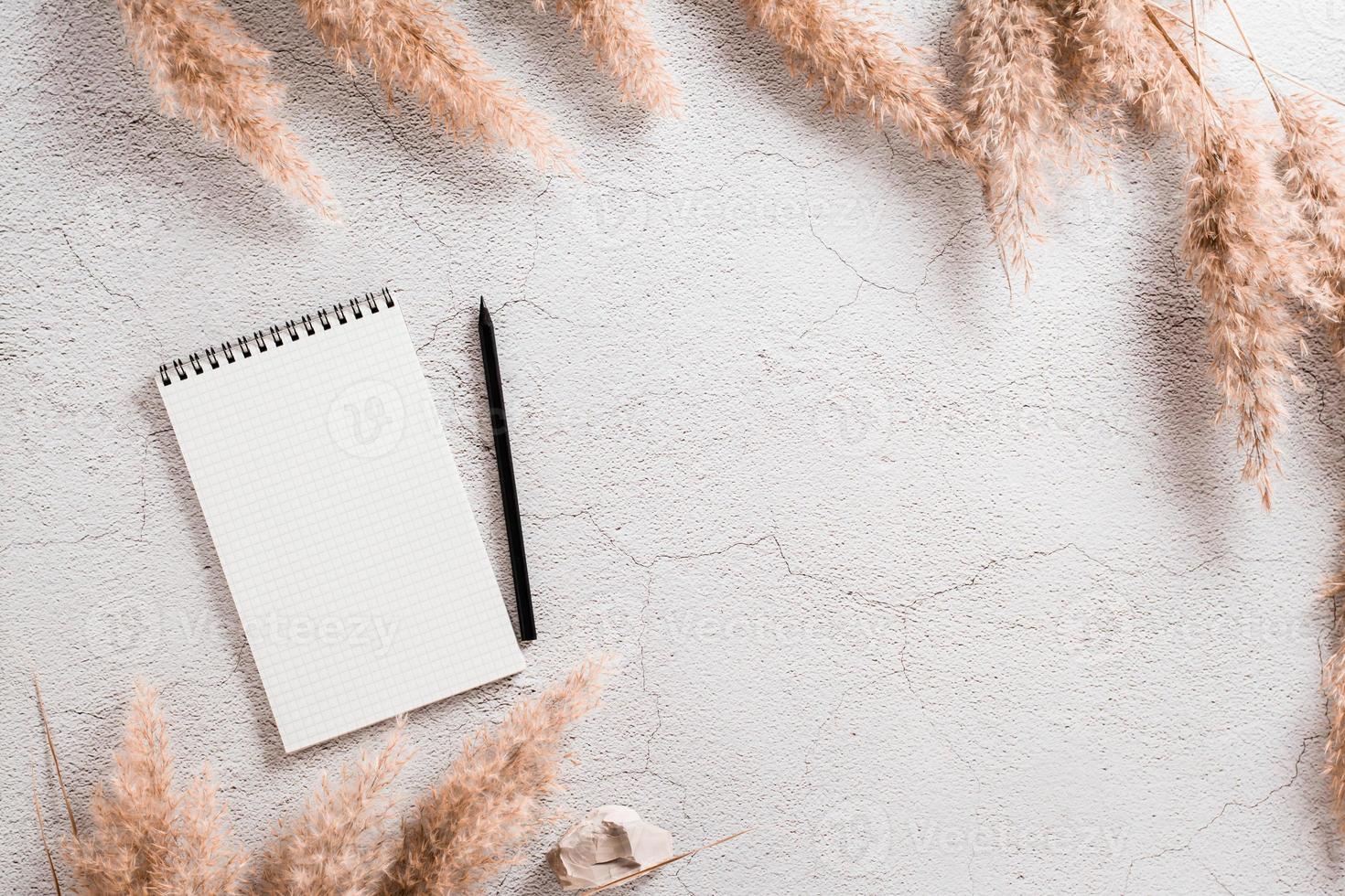 Notebook, pencil and fluffy dry grass on a textured background. Planning and goals. Eco background. Top view. photo