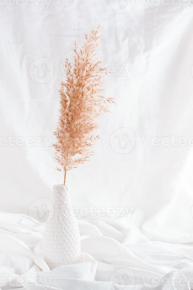 un rama de pampa césped en un blanco florero en contra un antecedentes de blanco tela. estilo de vida hogar interior. vertical ver foto