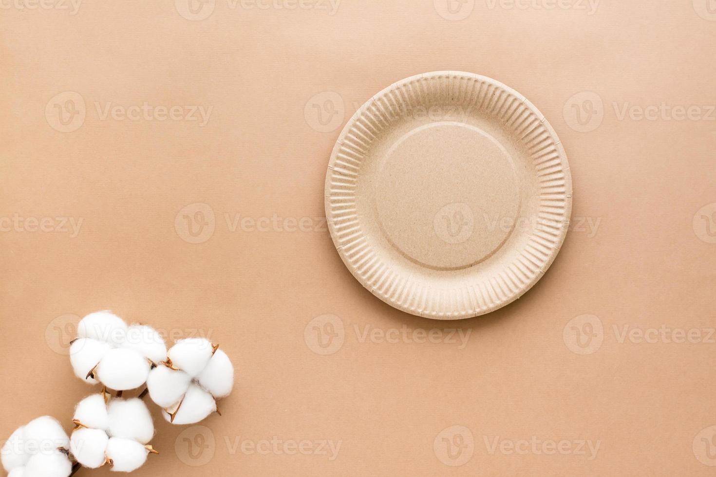 Cardboard plate and cotton branch on a beige background. Eco friendly and zero waste concept. Top view. Copy space photo