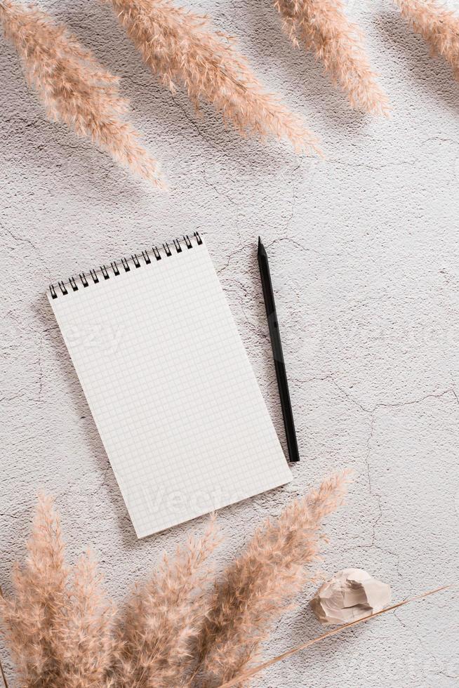 Notebook, pencil and fluffy dry grass on a textured background. Planning and goals. Eco background. Top and vertical view. photo