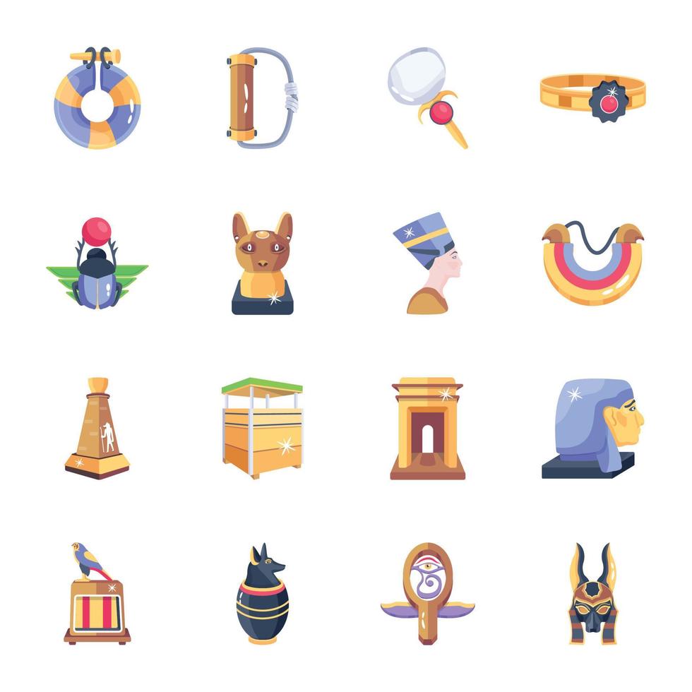 Bundle of Egyptian Artifacts Flat Style Icons vector