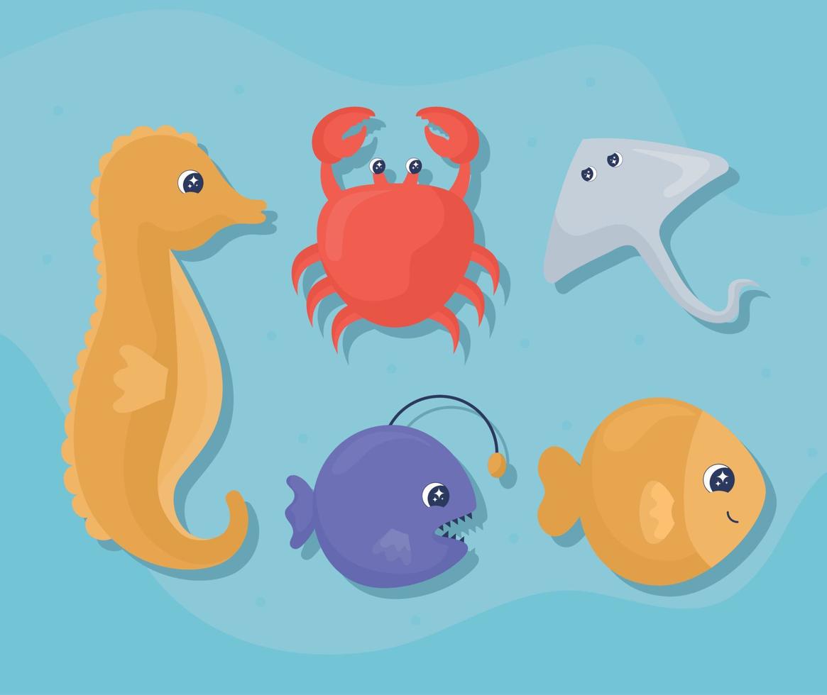 five sea life animals vector