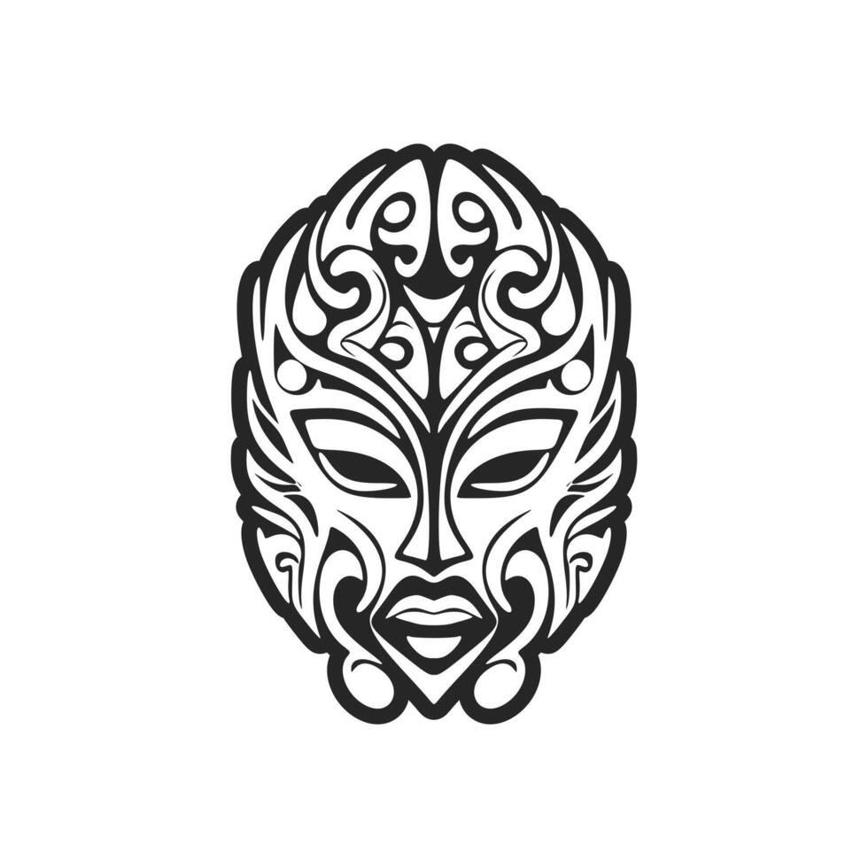 A monochrome illustration of a Polynesian mask in vector format.