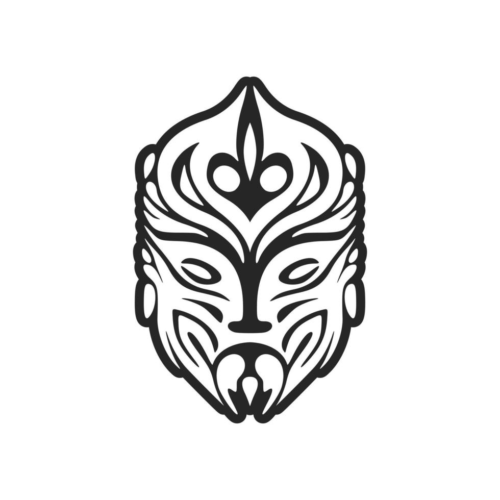 A black and white vector illustration of a tattoo featuring a Polynesian mask.