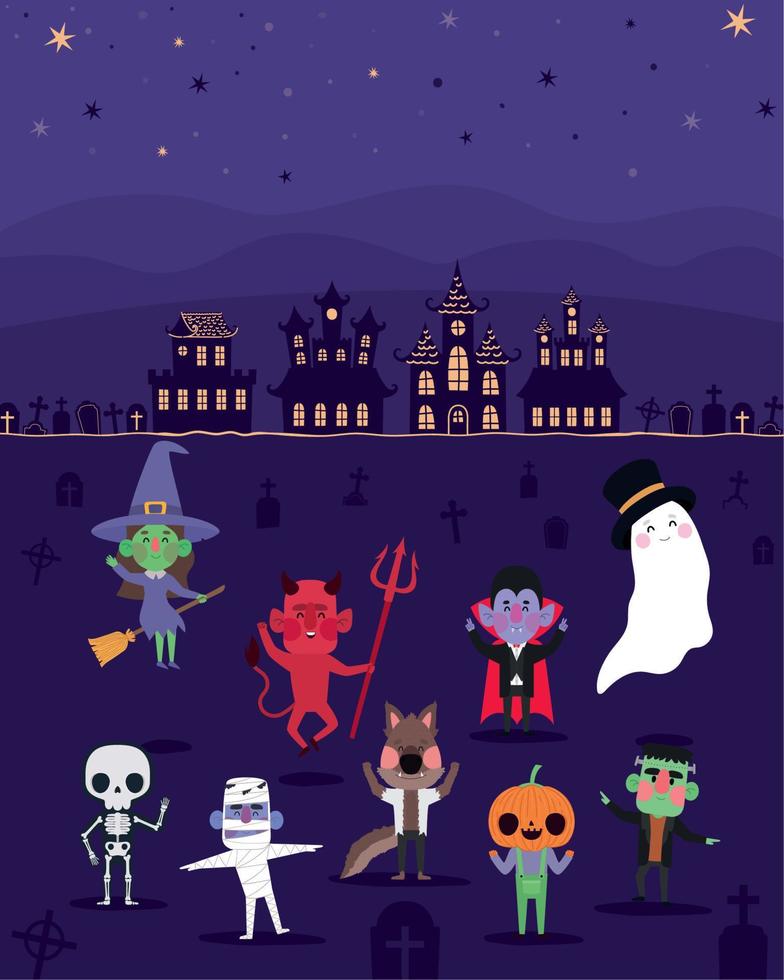 halloween characters and cemetery vector