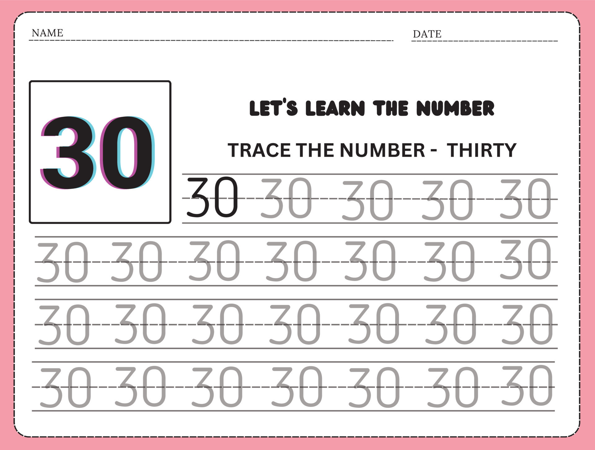 Trace and write the number 30. Handwriting practice. Learning numbers