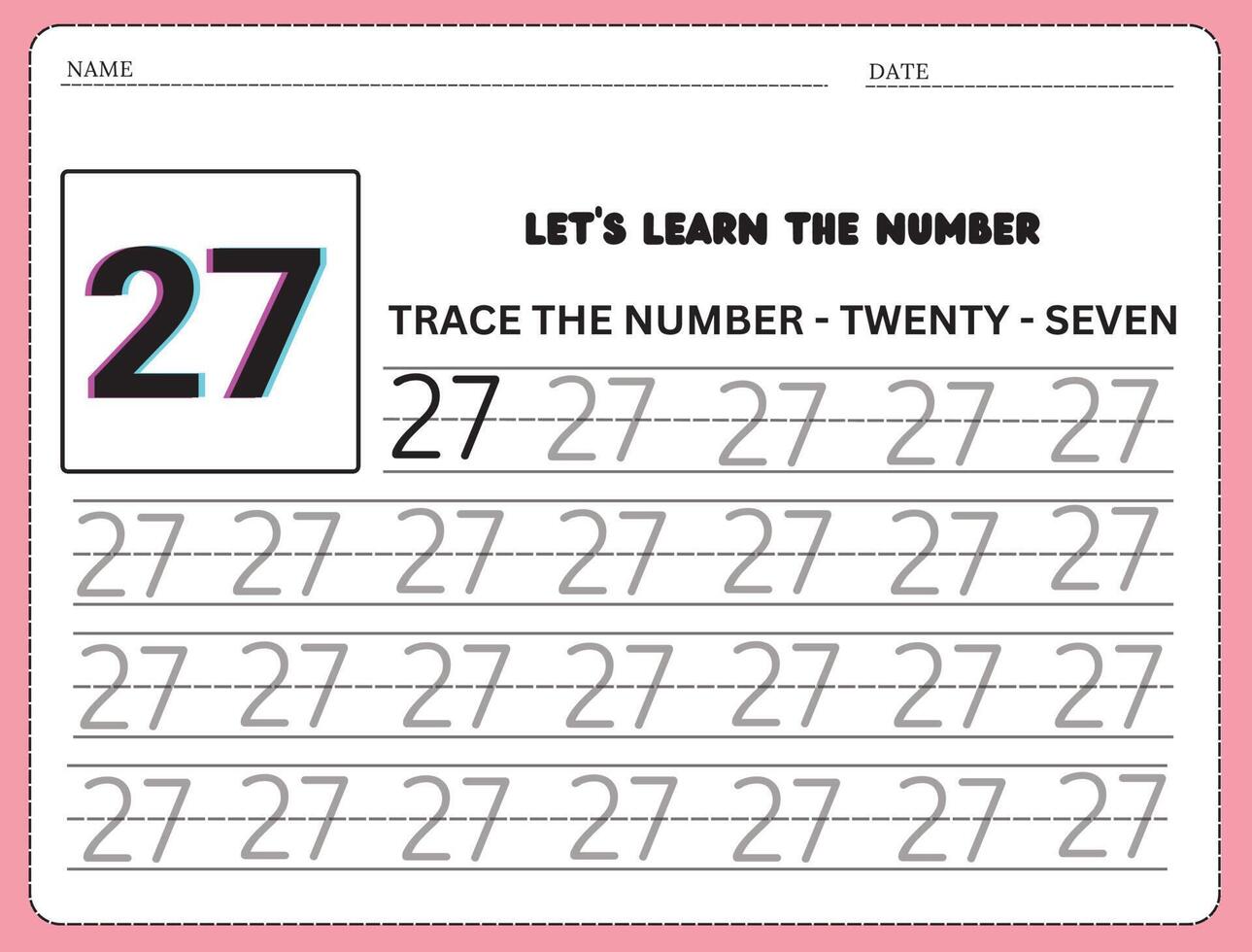 Trace and write the number 27. Handwriting practice. Learning numbers