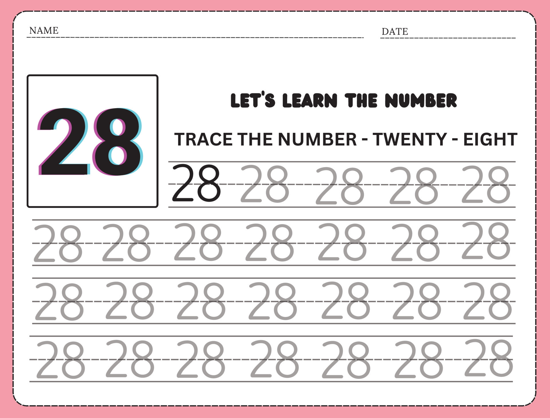 Trace and write the number 28. Handwriting practice. Learning numbers ...