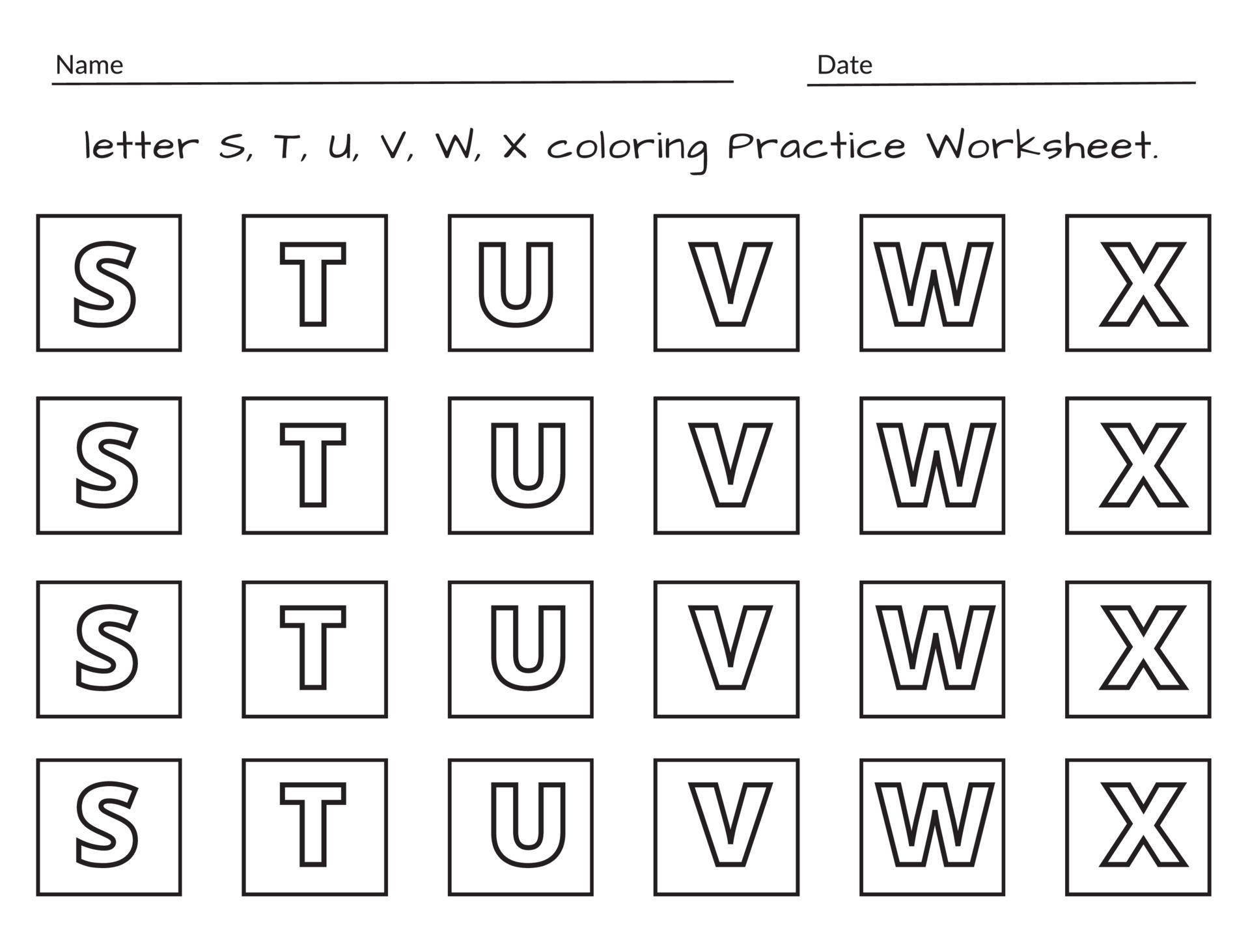 Worksheet for children. Color and count the letter S, T, U, V, W, X