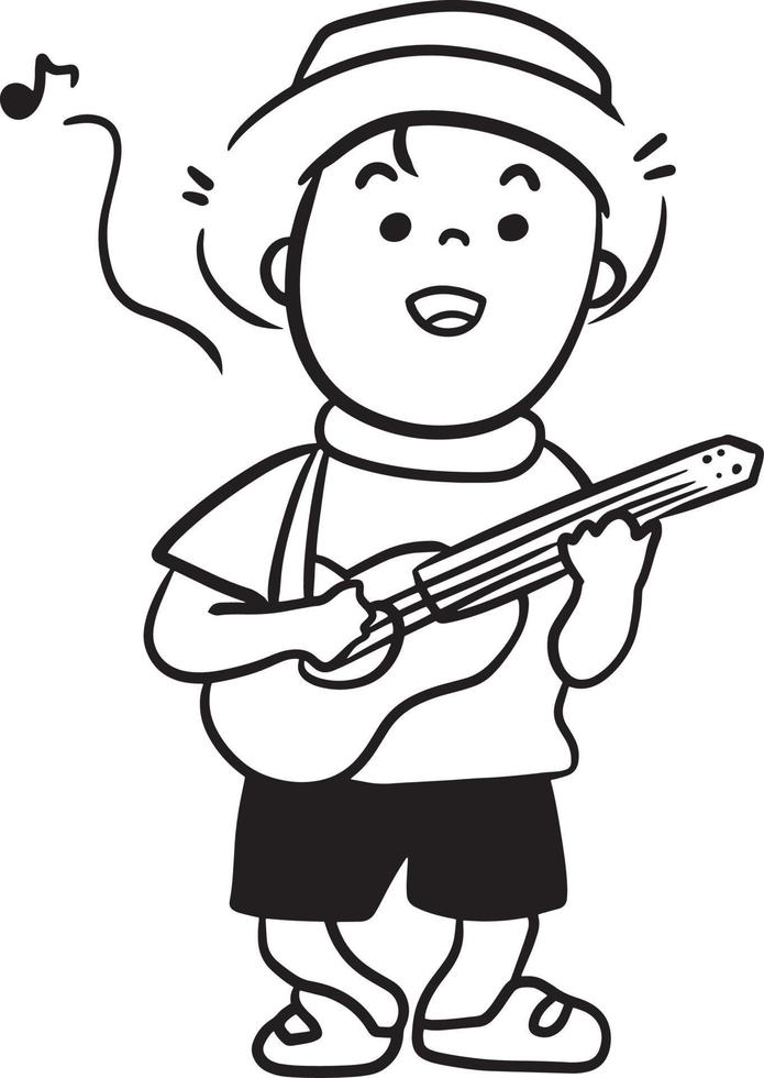 Cartoon boy playing music guitar doodle kawaii anime coloring page cute illustration clipart character chibi manga comic drawing line art free download vector