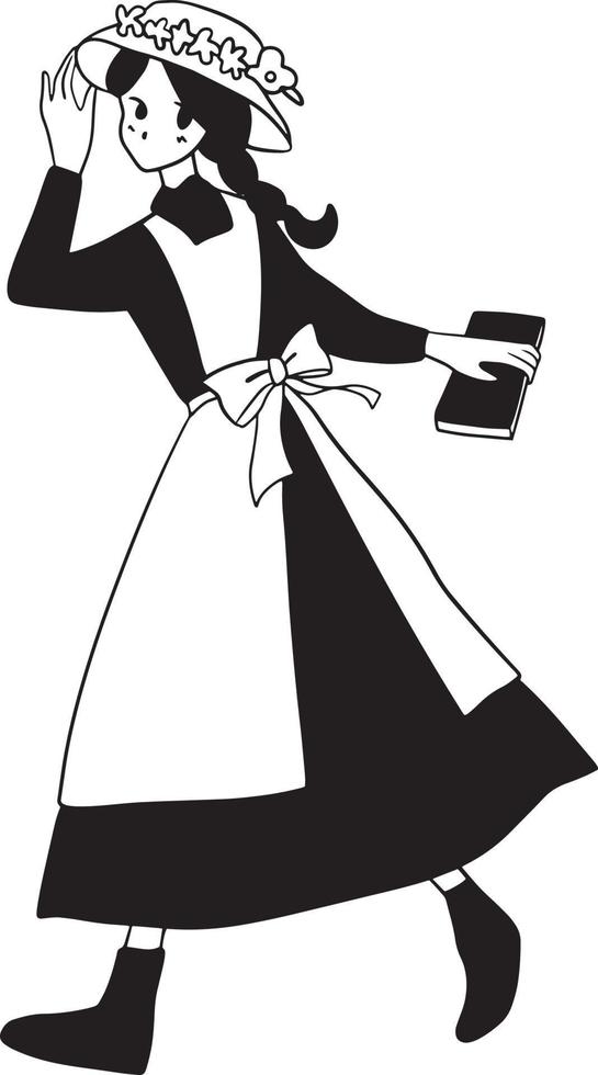 Holding book woman black dress cartoon doodle kawaii vector