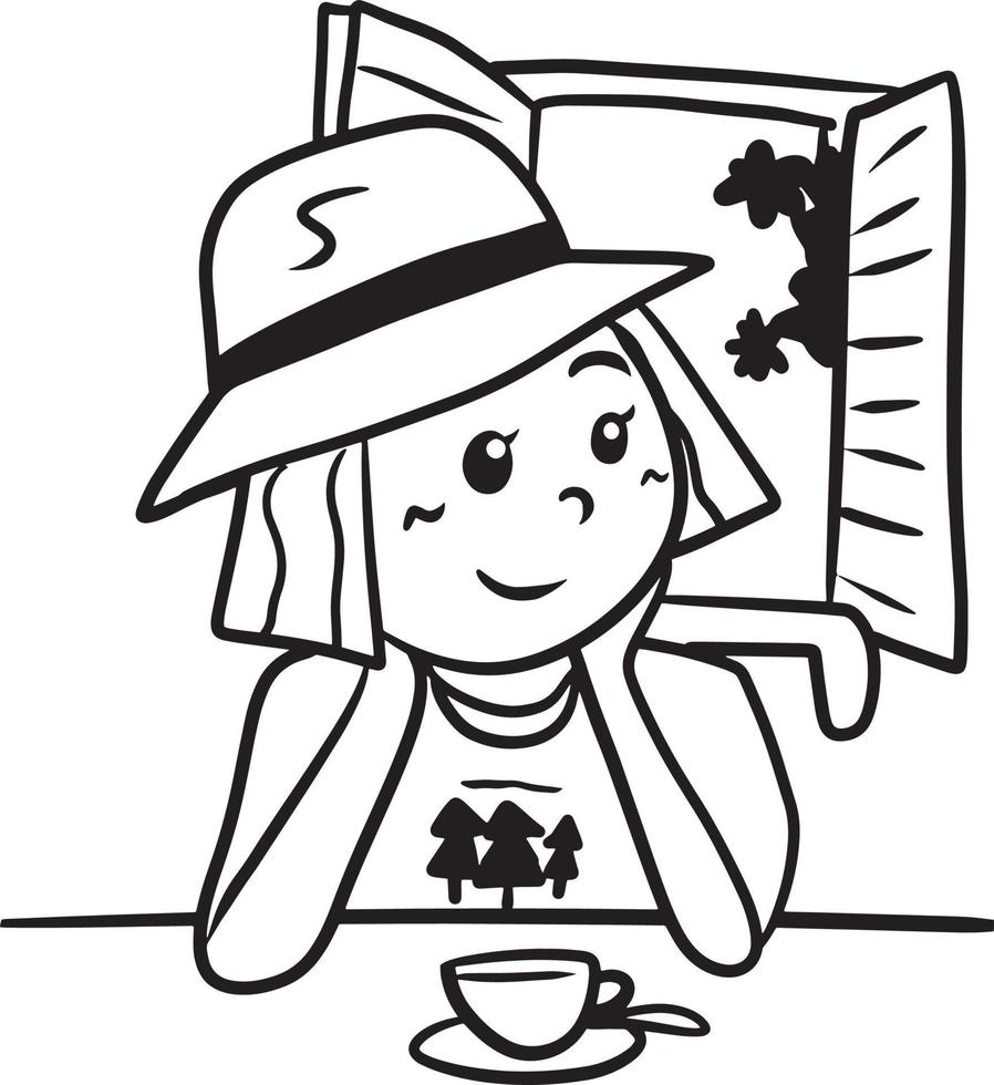 Cartoon girl drinking coffee doodle kawaii anime coloring page cute illustration drawing clip art character chibi manga comic vector
