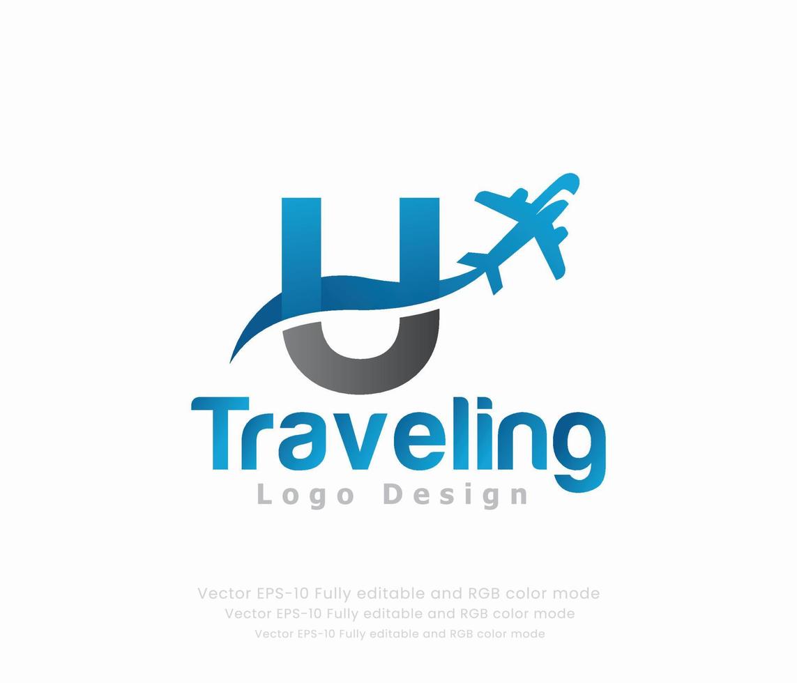 Letter U travel logo and airplane logo vector