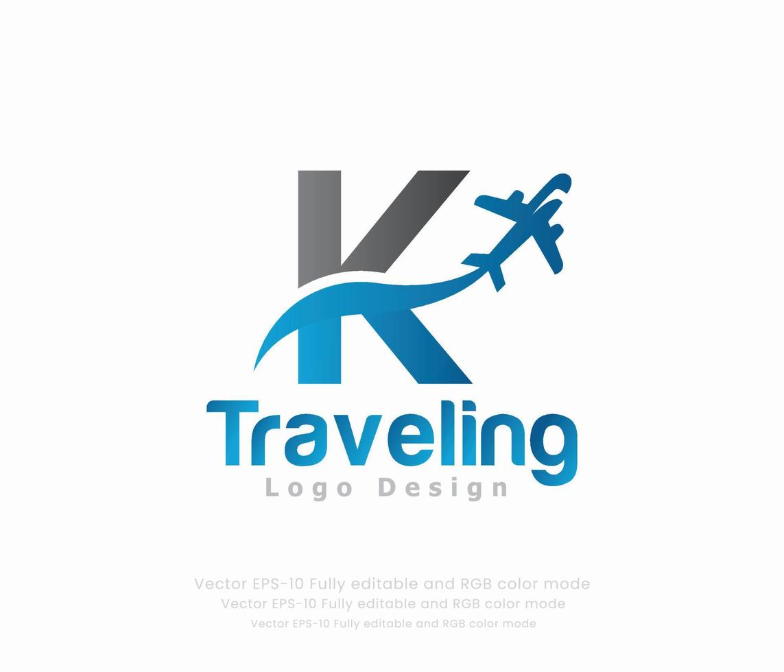 Letter K travel logo and airplane logo vector