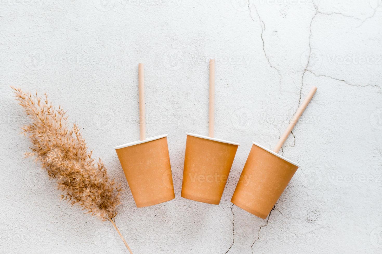 Eco friendly disposable cardboard tableware. Cups and tubes are laid out on a light background. Top view. photo