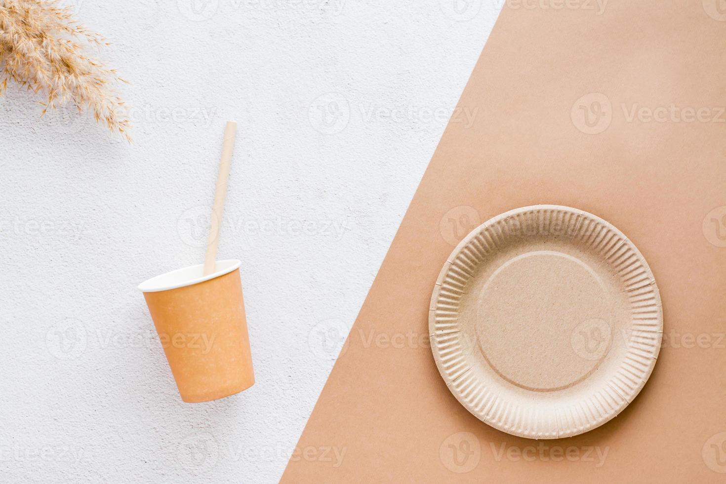 The concept of eco-friendly utensils for food. Cardboard cup, drinking straw, plate and ear of grass on plaster and beige background. Top view. photo